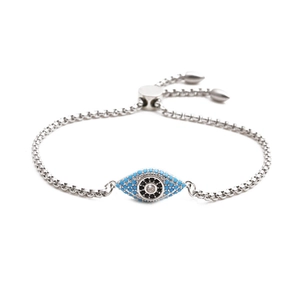 Adjustable silver evil eye chain bracelet with blue crystals for women's jewelry
