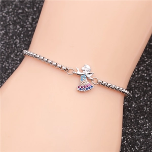 Detail of silver angel pendant bracelet with colorful crystals on a dainty round box chain