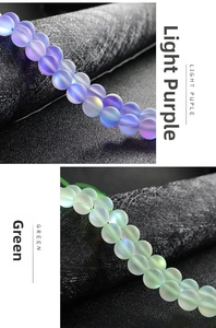 Frosted aurora crystal beads in light purple and green showing iridescent matte texture