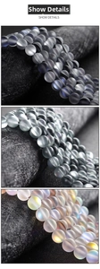Macro detail of frosted aurora round beads in grey-blue and translucent white finishes
