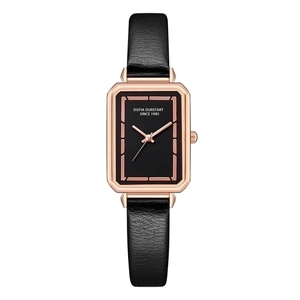 Elegant vintage rectangular women quartz watch with black leather strap and rose gold case