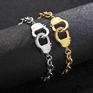 Unique stainless steel handcuff link chain bracelets in gold and silver finish set