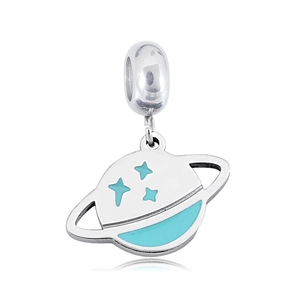 Detailed view of silver titanium steel Saturn pendant with blue enamel stars and orbit