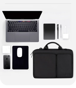 Black waterproof laptop messenger bag with multiple pockets and organized storage space
