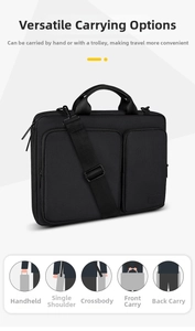 Black waterproof laptop bag featuring multiple carrying modes and luggage strap detail