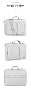 Three views of light gray waterproof laptop messenger bag with multiple front pockets