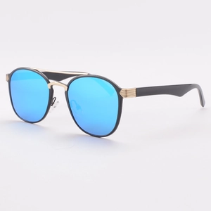Retro double-bridge oval aviator sunglasses with blue mirrored lenses and gold metal accents