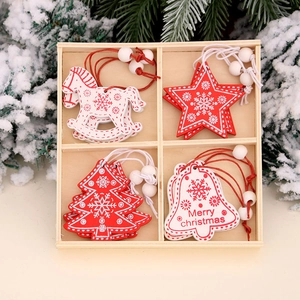 Wooden Christmas Tree Hanging Ornaments Red White Snowflake Painted Star Bell Rocking Horse Festive Holiday Decor