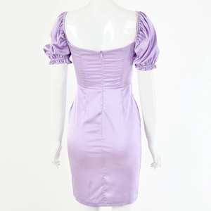 Detail view of the lavender satin mini dress back with puff sleeves and zipper