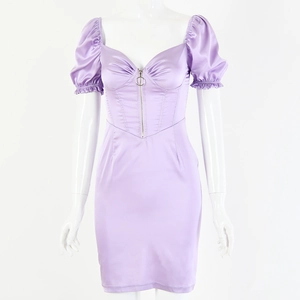 Detail of purple satin mini dress featuring puff sleeves and front zipper closure