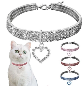 Detail of adjustable pet rhinestone collar with heart pendant in multiple colors