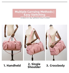 Pink duffel bag shown in hand-held, shoulder and crossbody carrying modes for gym travel