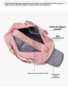 Pink travel bag interior showing dry-wet separation and separate shoe compartment