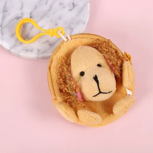 Plush lion cartoon coin purse with zipper closure and yellow lobster clip keychain