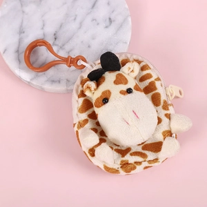 Cute plush giraffe cartoon coin purse with brown spots and hanging hook on pink background
