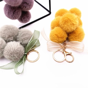 Creative grape plush keychain with lace bow and faux fur ball charms for bag decoration