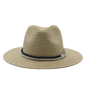 Detailed view of natural straw fedora with blue and white braided rope band and silver buckle