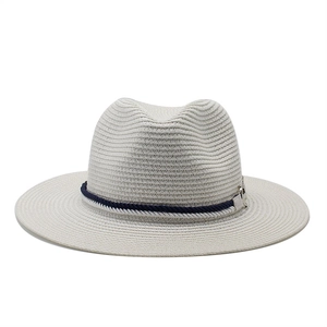 Classic white woven fedora sun hat with a navy braided rope band and a wide brim for outdoors