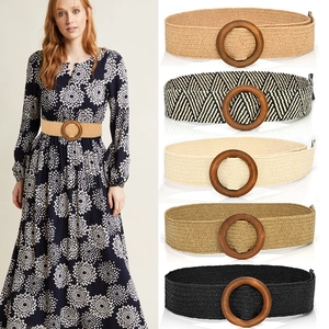 Elastic woven belt set with round wooden buckle in five colors for dresses