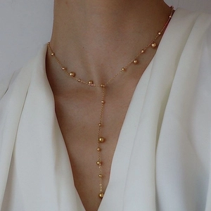 Y-Shaped Lariat Necklace Titanium Steel 18K Gold Plated Polished Beads Long Drop Minimalist Chic For Women