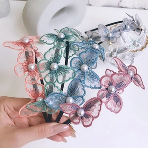 Handmade embroidered butterfly headband set with pearls in four pastel colors