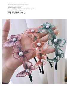 Detailed embroidery butterfly headbands with pearls in pink, orange and green colors