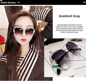 Detail of rimless gradient sunglasses with colorful rhinestones and gemstone embellishments