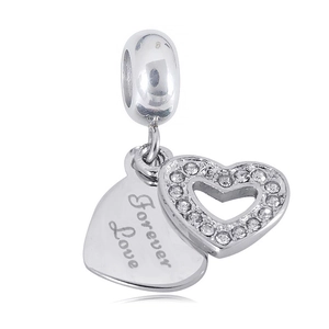 Detail of silver heart charm with transparent crystals and Forever Love engraving