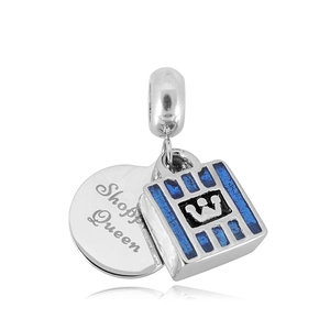 Detail of stainless steel Shop Queen charm with blue shopping bag and crown engraving