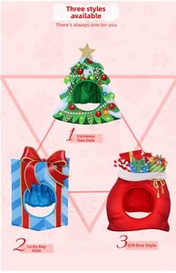 Detailed close-up of plush pet Christmas hats in tree, gift box, and lucky bag designs