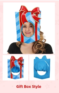 Detailed gift box cosplay headgear with blue stripes and a large red bow for parties