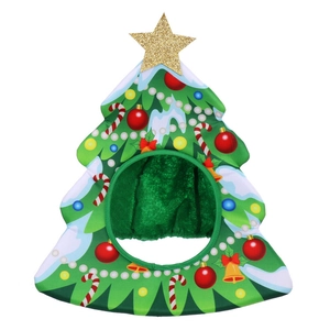 Funny green Christmas tree hat with gold star and festive patterns for holiday parties