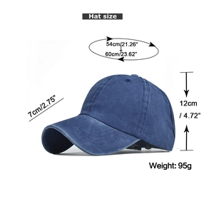 Detailed size chart for blue washed cotton ponytail baseball cap with dimensions and weight