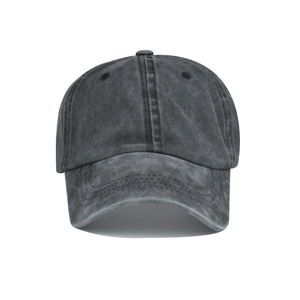 Detail view of washed grey cotton ponytail baseball cap with parallel brim stitching