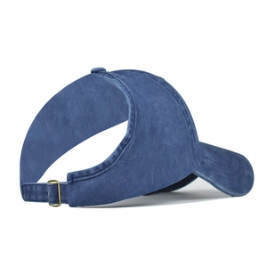 Detail of dark blue ponytail baseball cap showing rear cutout and adjustable metal buckle