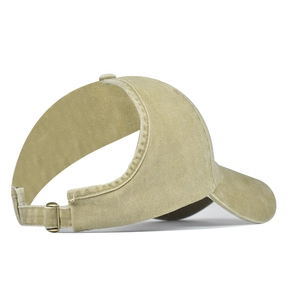 Detail view of khaki cotton ponytail cap featuring back cutout and brass adjustment buckle