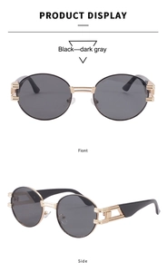 Détails des lunettes de soleil ovales dorées avec motifs géométriques sur les charnières