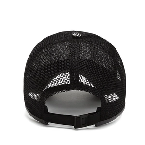 Rear view of men's outdoor breathable black mesh baseball cap with adjustable buckle strap