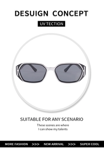 Detail of silver square sunglasses with geometric hollow out design on the side temples