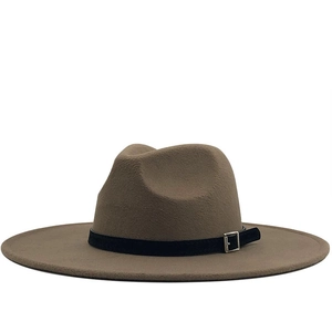 Classic khaki wool fedora hat with black decorative band and silver metal buckle