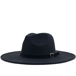 Classic wide brim black wool fedora hat with elegant silver buckle band for women