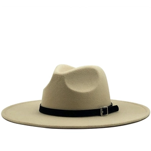 Classic beige wide brim wool fedora hat with black leather band and silver buckle accessory