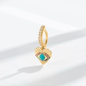 Bohemian gold navel piercing with heart pendant and colorful turquoise evil eye design