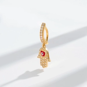 Bohemian gold Hamsa hand navel piercing with clear crystals and red evil eye charm
