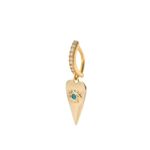 Bohemian gold navel piercing with heart pendant, evil eye design, and blue gemstone