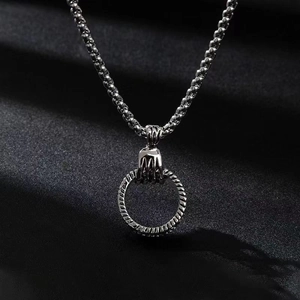 Hip hop silver skeleton hand pendant necklace with circular ring for men streetwear