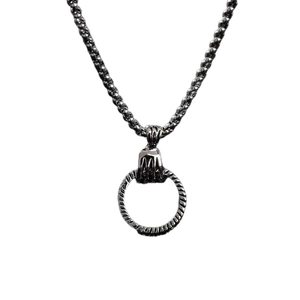 Hip hop skull ghost hand necklace in vintage silver finish with a textured round pendant