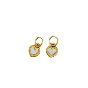 Gold titanium steel heart hoop earrings with white shell inlay and pleated texture