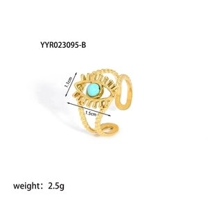 Detailed view of evil eye turquoise ring with 18K gold plating and sizing specifications