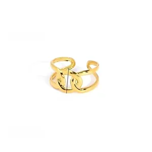 Detailed view of an 18K gold plated double layer chain link adjustable ring